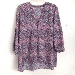 Coral‎ Bay Watercolor Blouse Womens XL Pink Blue Pleats Button Up 3/4 Sleeves